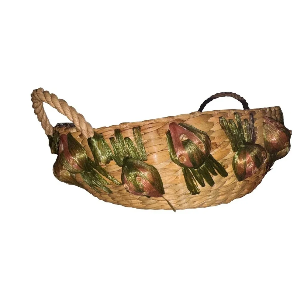 Vintage Woven Raffia Straw Round Casserole Basket With Fruit Accents Handles